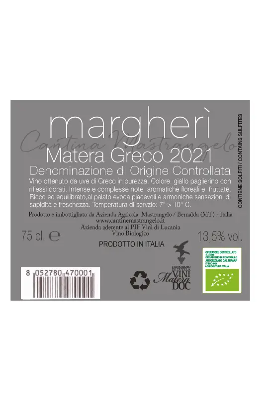 Etichetta Margheri Matera Greco DOC 2021