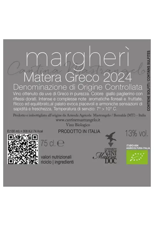 Etichetta Margherì Vino Bianco Biologico Matera Greco DOC