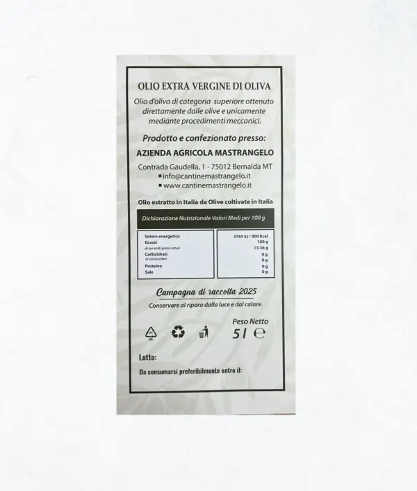 Olio di oliva 100% biologico formato 5 litri etichetta retro