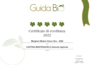 Certificato di eccellenza guidabio 2022 Vino Bianco Biologico Lucano pregiato