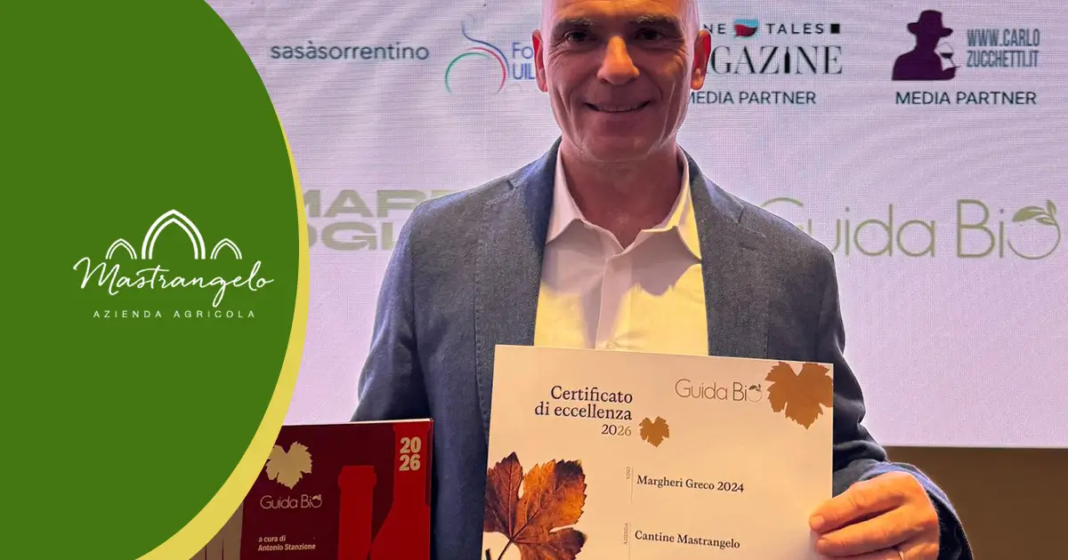 Giuseppe Mastrangelo titolare di Cantine Mastrangelo con il certificato di eccellenza biologico 2026 della guida bio, miglior vino bianco biologico italiano