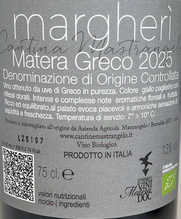 Etichetta Margherì 2025 vino bianco biologico lucano Matera Greco DOC