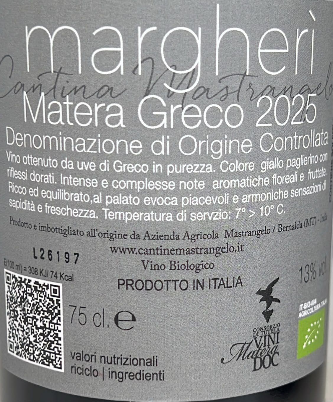 Etichetta Margherì 2025 vino bianco biologico lucano Matera Greco DOC